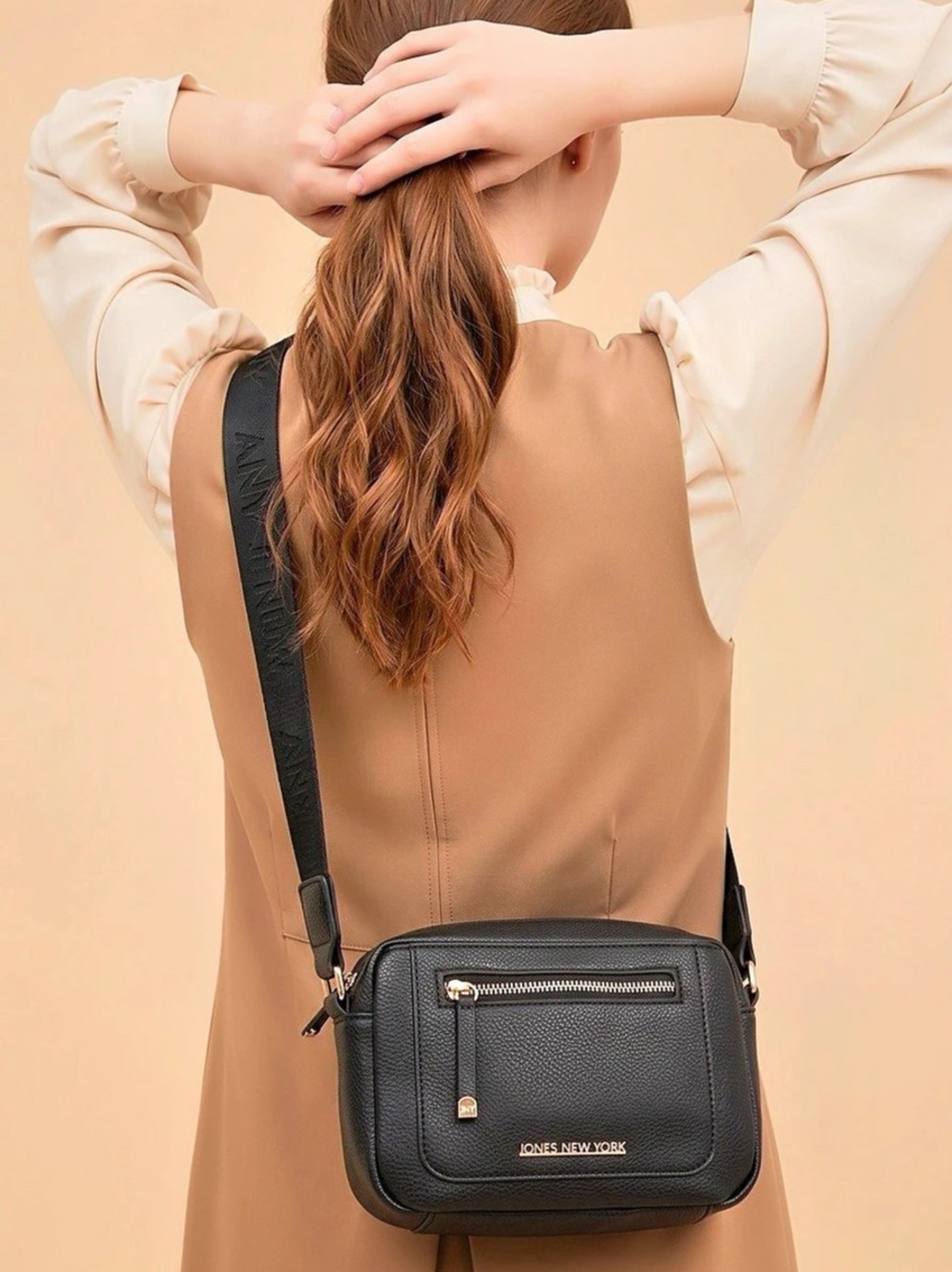 Jones New York Black Zip Closure Shoulder Camera Bag w/ Logo Shoulder Strap
